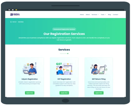 Digital devices showcasing end-to-end solutions, including GST filing, MSME/Udyam registration services, and online financial tools like IFSC, SIP, and EMI calculators